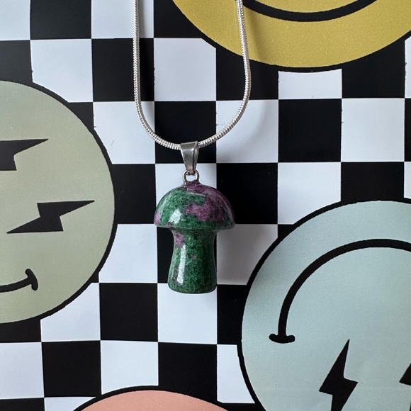 Other - New Green & Purple Dragon Agate Mushroom Shaped Pendant w/a 1mm Silver Chain